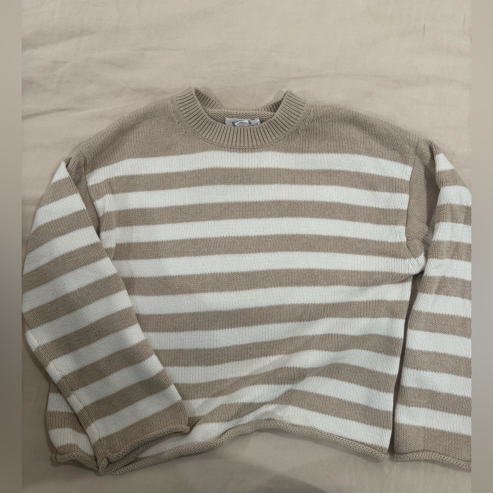 Velvet Beige and White Striped Crewneck Sweater